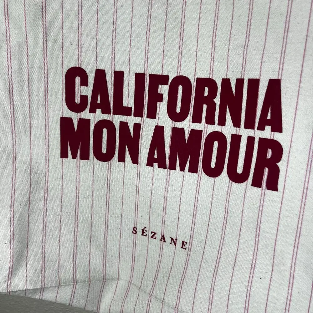 Sezane cream red California Mon Amour striped canvas tote bag